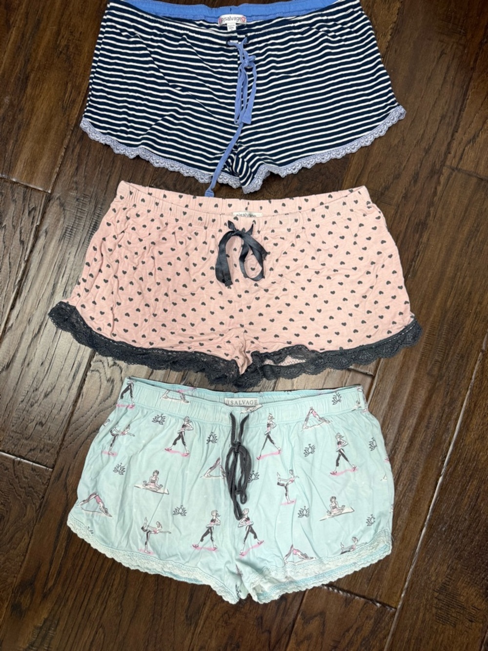 PJ Salvage Pink Heart Print Pajama Shorts with Black Bow, blue & yoga stretches
